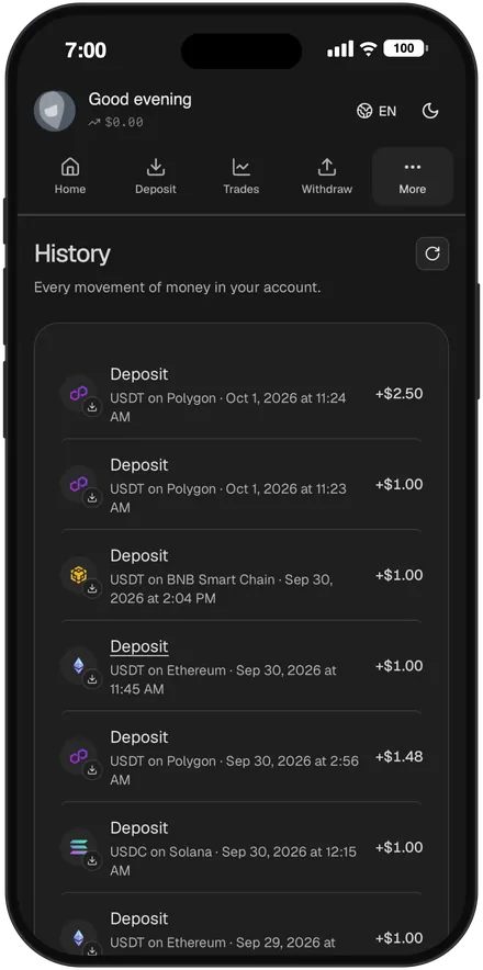 Arc app History screen listing recent deposits
